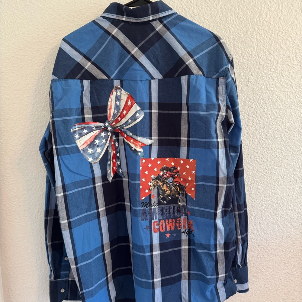 UPCYCLED Blue Plaid Western Shirt with Bow and Cowboy Graphic